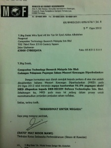 Surat MOF kepada CTRM bertarikh 30 Ogos 2012